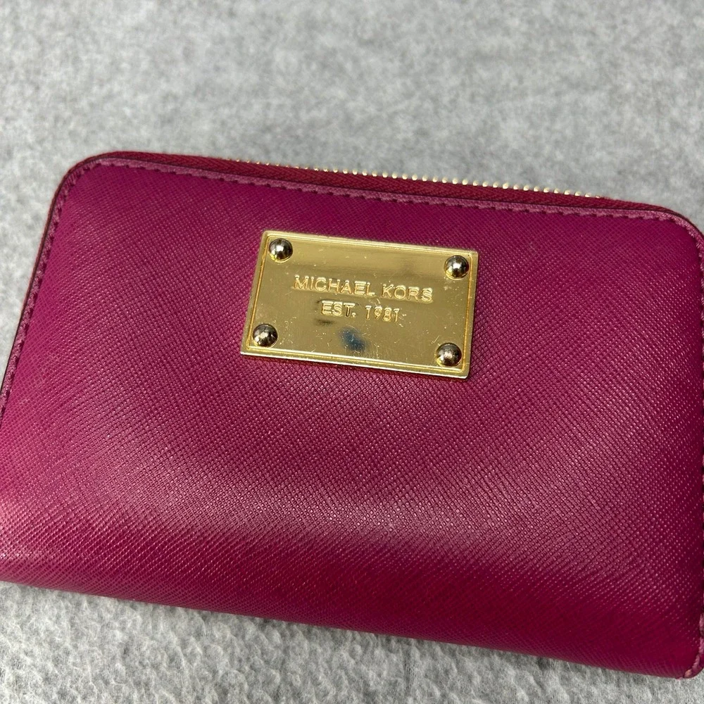 Michael Kors Plum Pink Leather Zip Around‎ Small Card Case Wallet Gold Hardware